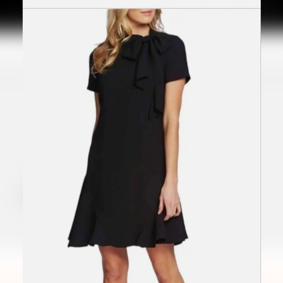 New!CeCe Bow Neck Short Sleeve A-Line Black Dress Women’s Flounce Ruffle Sz 12 - Picture 2 of 15
